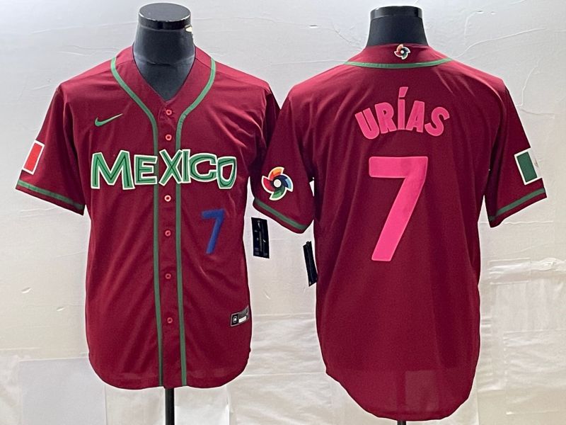 Men 2023 World Cub Mexico #7 Urias Red pink Nike MLB Jersey5